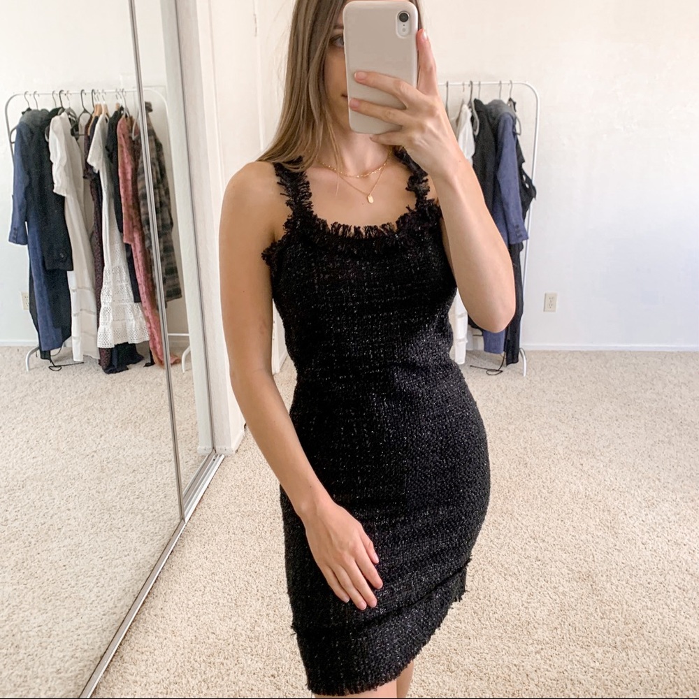 Alexis Square Neck Metallic Black Tweed Fringe Trim Mini Dress